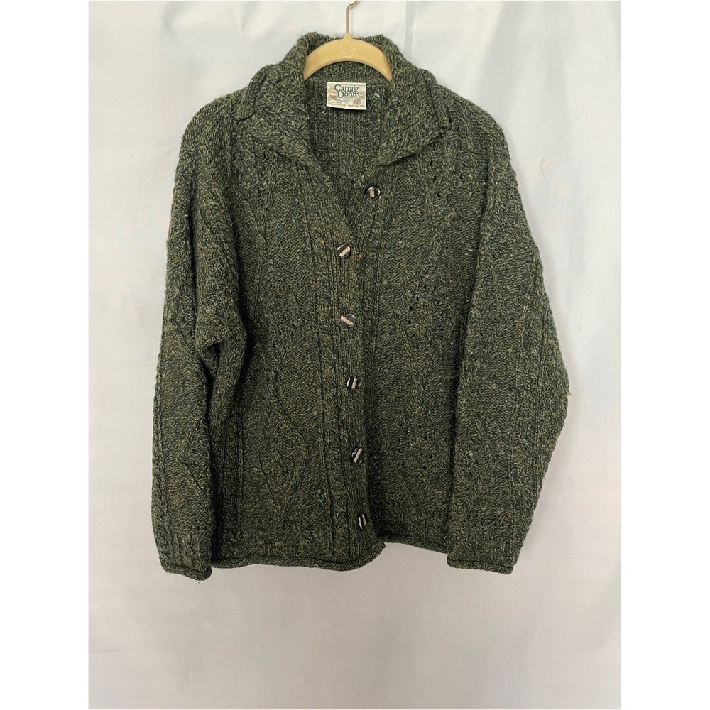 Carriag Donn Aran Hand-Knit Cable Cardigan Sweater Pure New Wool Green Ireland